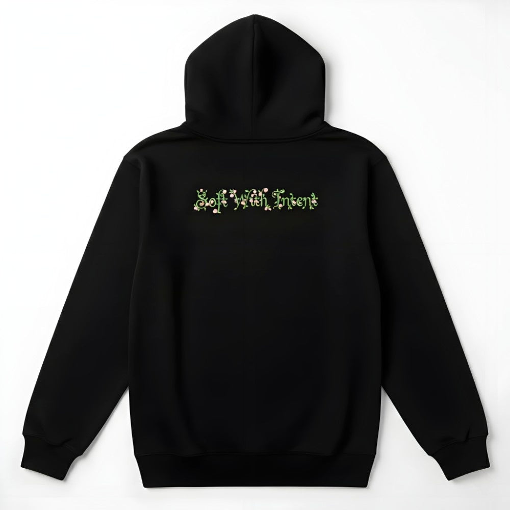 "Soft With Intent" Premium Black Graphic Hoodie – Artistic Floral Edition