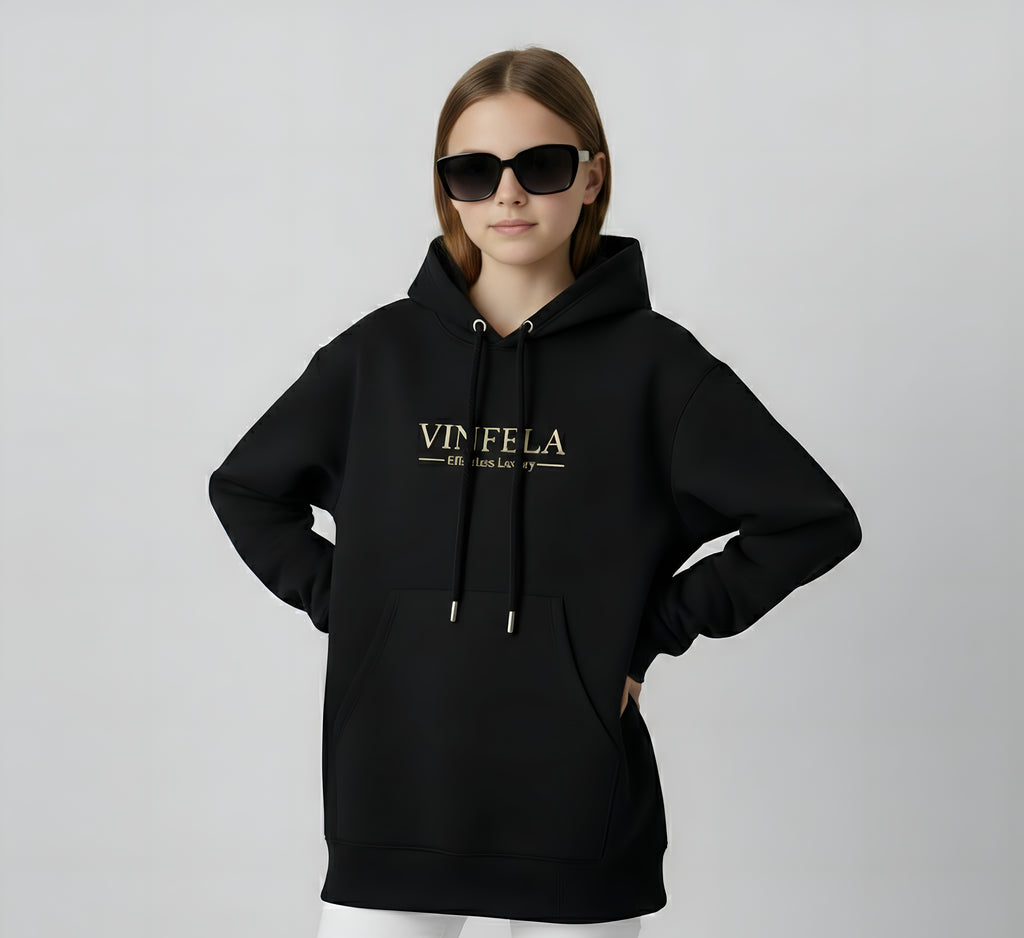 VINFELA Kids’ Signature Hoodie – Effortless Luxury in Midnight Black