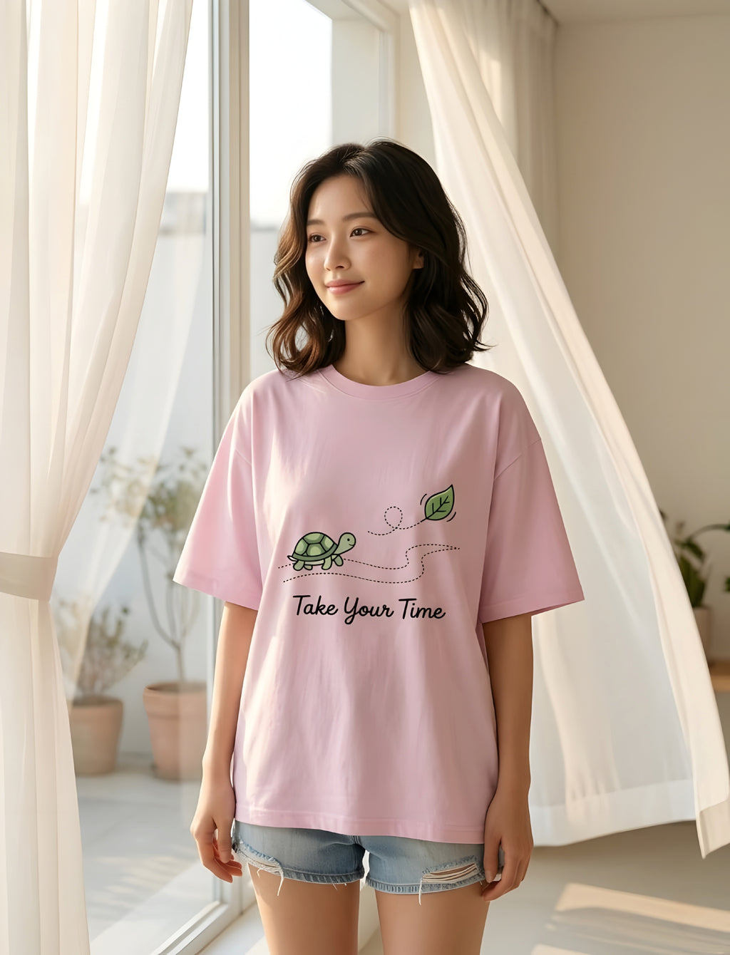 “Take Your Time – Minimal Turtle Graphic Oversized T-Shirt”