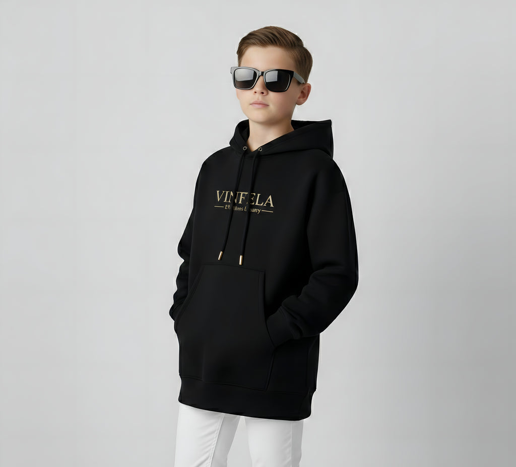 VINFELA Kids’ Signature Hoodie – Effortless Luxury in Midnight Black