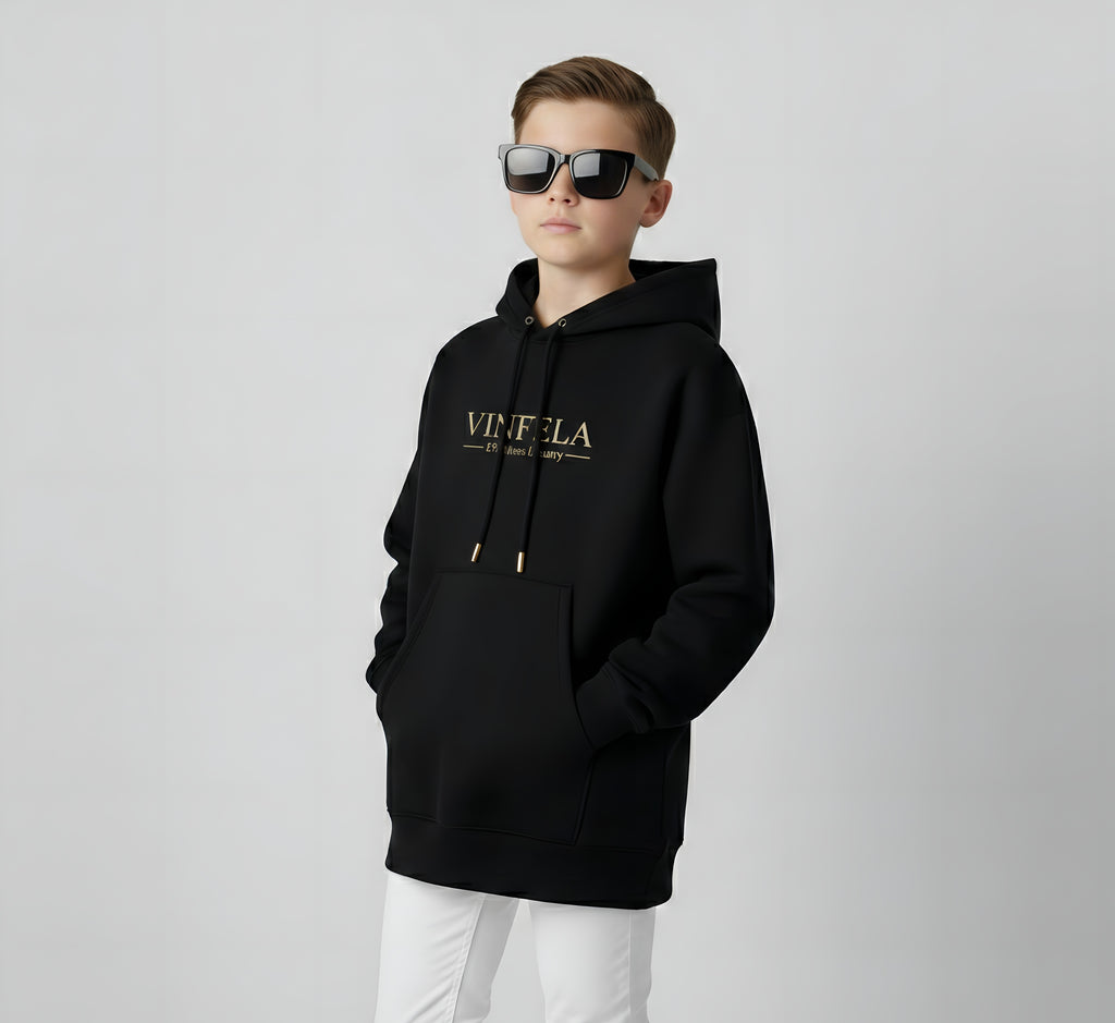 VINFELA Kids’ Signature Hoodie – Effortless Luxury in Midnight Black