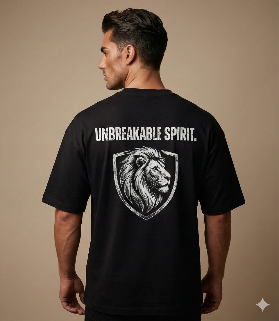 Unbreakable Spirit Lion Crest – Black Oversized Streetwear Tee