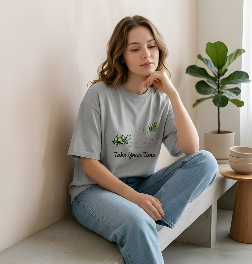 “Take Your Time – Minimal Turtle Graphic Oversized T-Shirt”