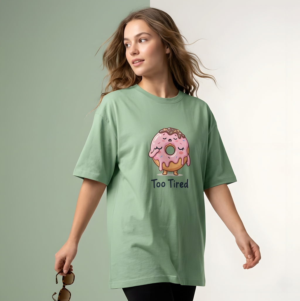 Vinfela "Too Tired" Donut Unisex Oversized T-Shirt - Pastel Pink